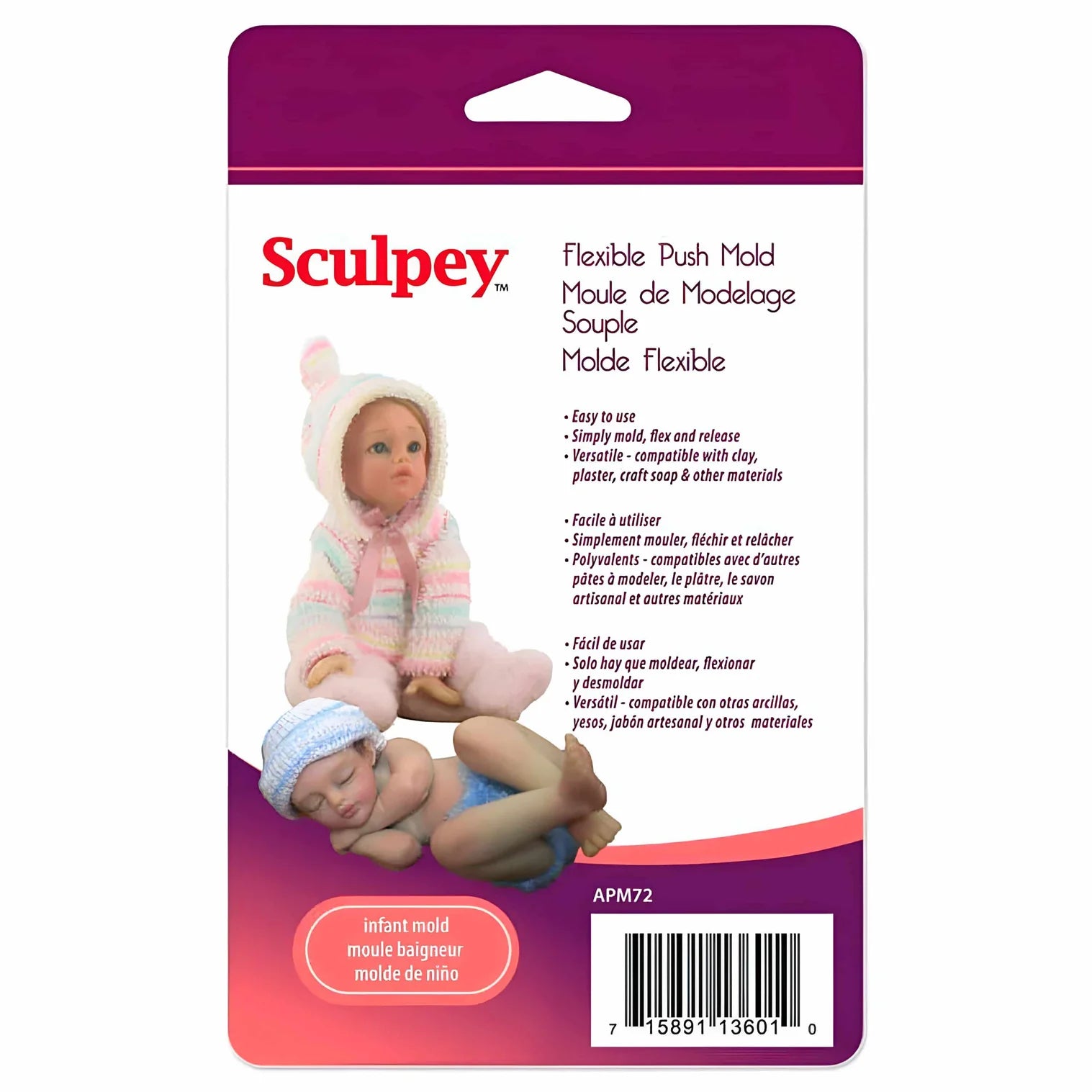 Empaque del molde flexible Sculpey bebé, con figuras de ejemplo terminadas