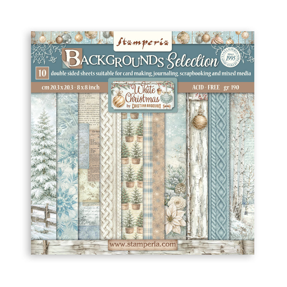 Pack de Cartulinas Fondos White Christmas 20.3x20.3cm - 10 hojas - Navidad - Stamperia
