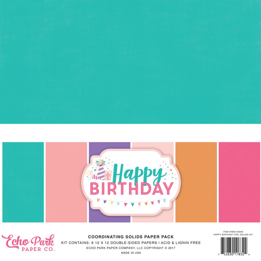 Pack de Cartulinas Colores Solidos Happy Birthday Girl de 30.48x30.48cm