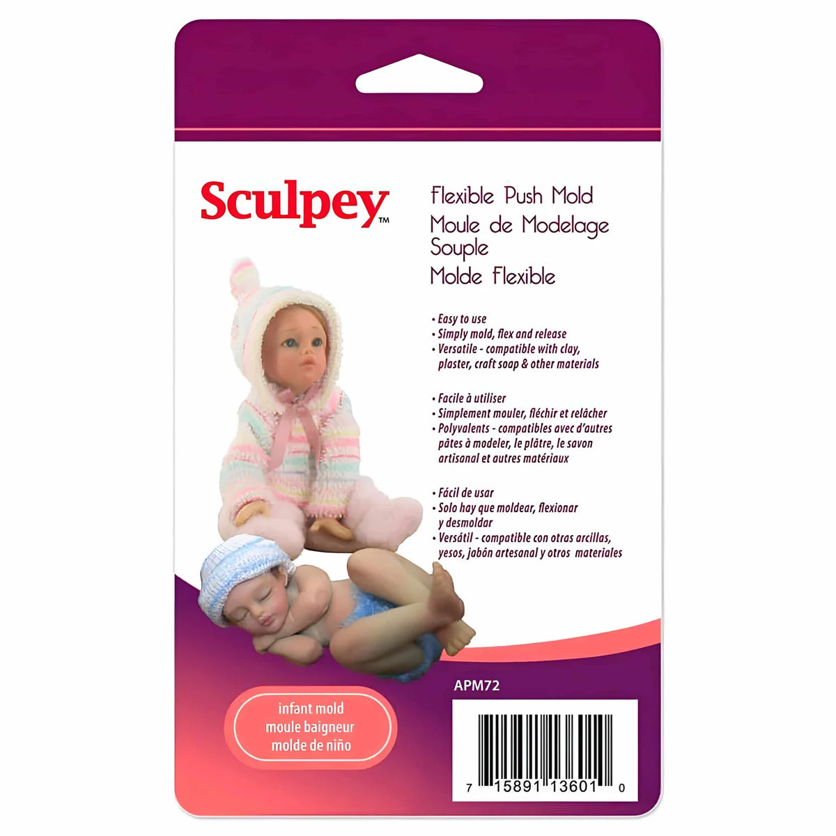 Empaque del molde flexible Sculpey bebé, con figuras de ejemplo terminadas