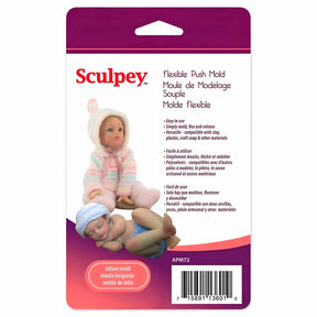 Empaque del molde flexible Sculpey bebé, con figuras de ejemplo terminadas