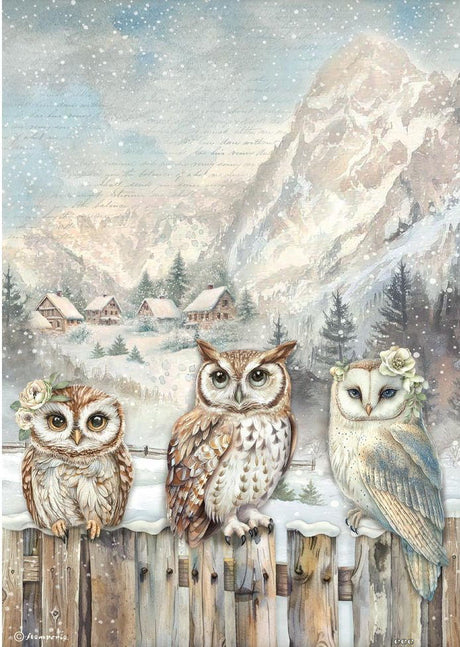 Papel de arroz A4 28gr The Owl's House Tres Búhos - Navidad - Stamperia