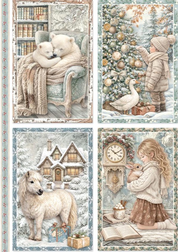 Papel de arroz A4 28gr White Christmas 4 Tarjetas - Navidad - Stamperia
