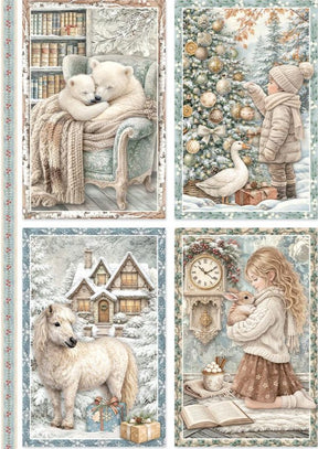 Papel de arroz A4 28gr White Christmas 4 Tarjetas - Navidad - Stamperia