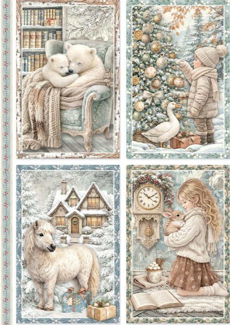 Papel de arroz A4 28gr White Christmas 4 Tarjetas - Navidad - Stamperia