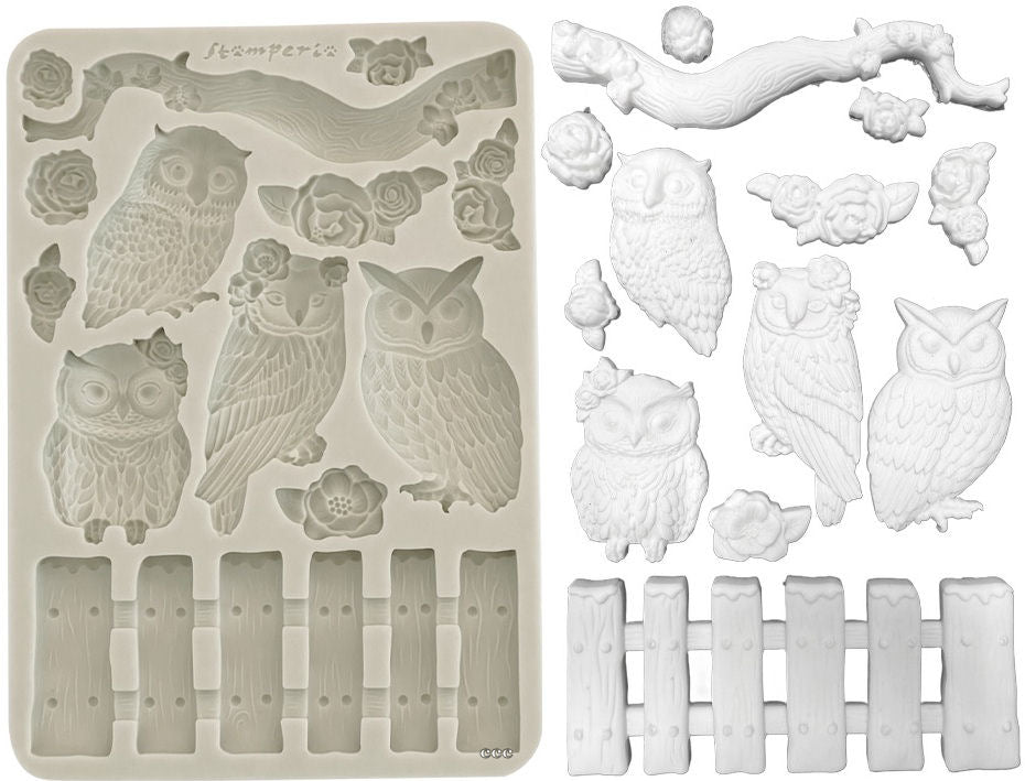 Molde de Silicona A5 The Owl's House Búhos y Rama - Navidad - Stamperia