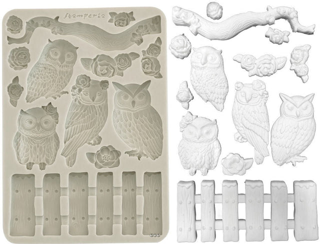 Molde de Silicona A5 The Owl's House Búhos y Rama - Navidad - Stamperia