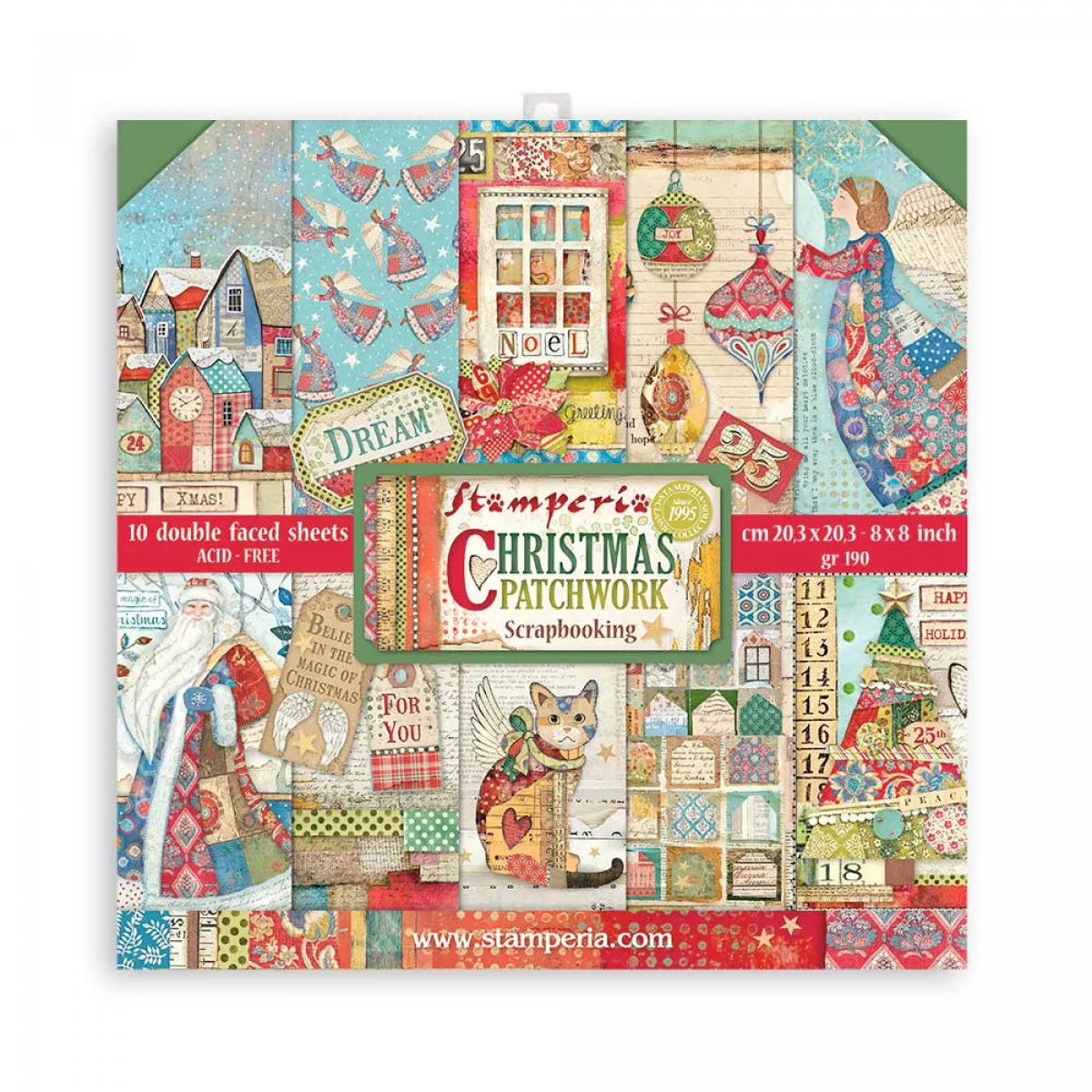 Pack de Cartulinas Christmas Patchwork 20.3x20.3cm - 10 hojas - Navidad - Stamperia