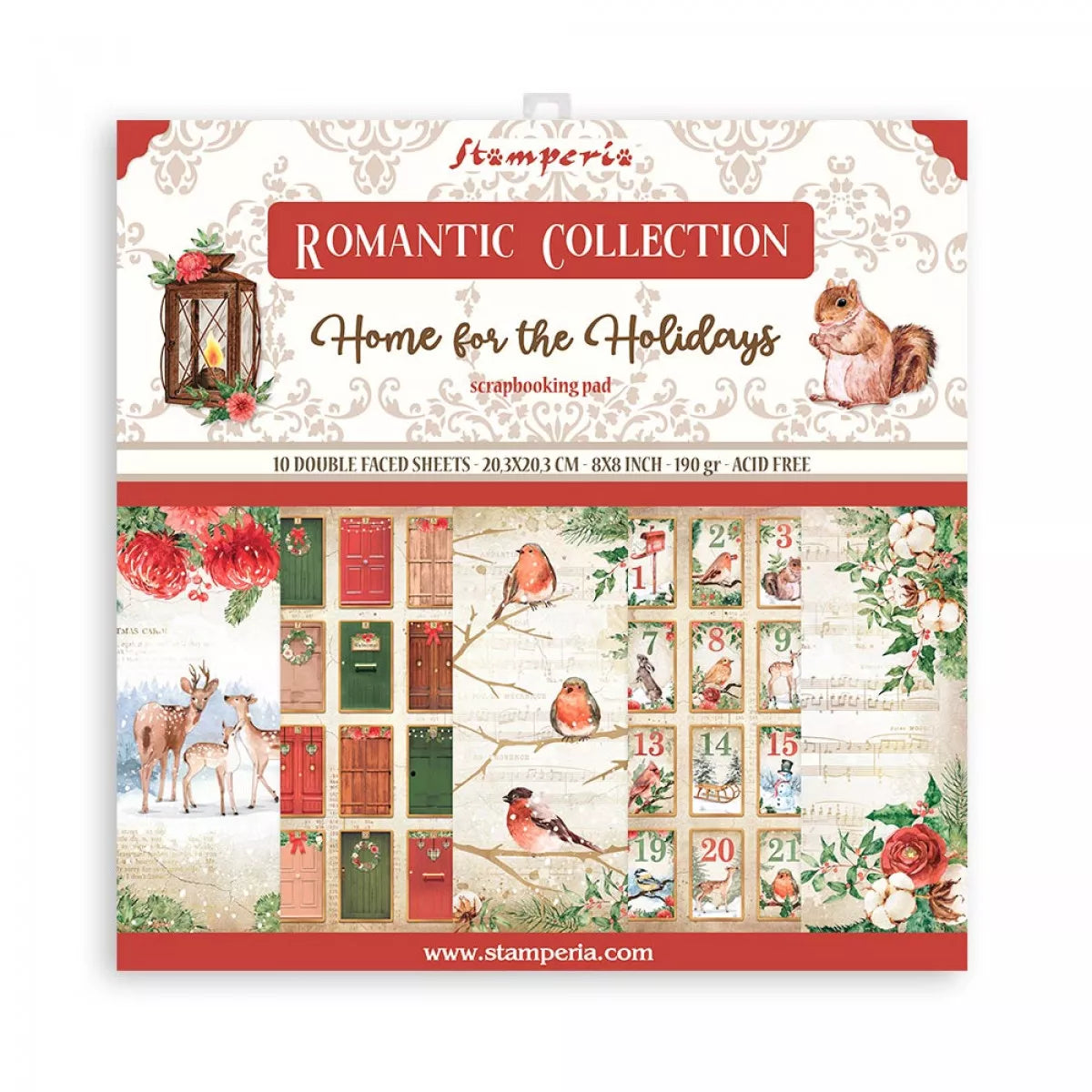 Pack de Cartulinas Home for the Holidays 20.3x20.3cm - 10 hojas - Navidad - Stamperia