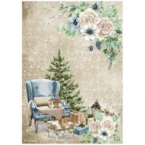 Papel de arroz A4 28gr Cozy Winter Silla Azul - Navidad - Stamperia