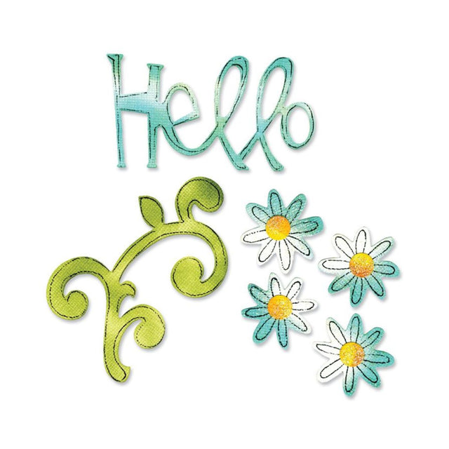 Troquel Sizzlits Frase Hola y Flores